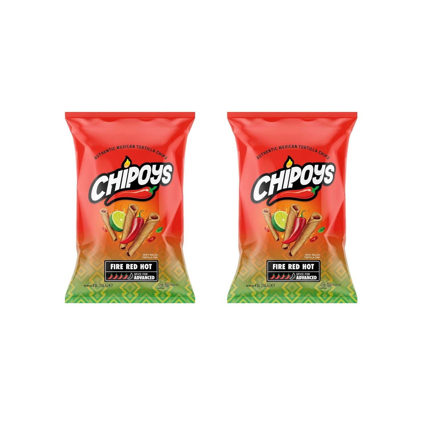 Chipoys Fire Red Hot Mexican Rolled Tortilla Chips Snacks 113g - Pack of 2