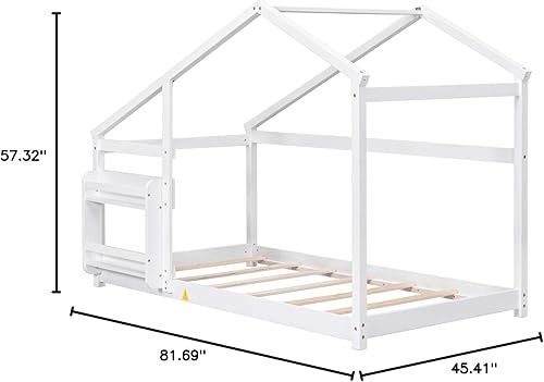 Miniatura 2 de Montessori - Cama individual en forma de casa, base de cama individual de madera con techo y estante para niños y niñas, soporte de listones de
