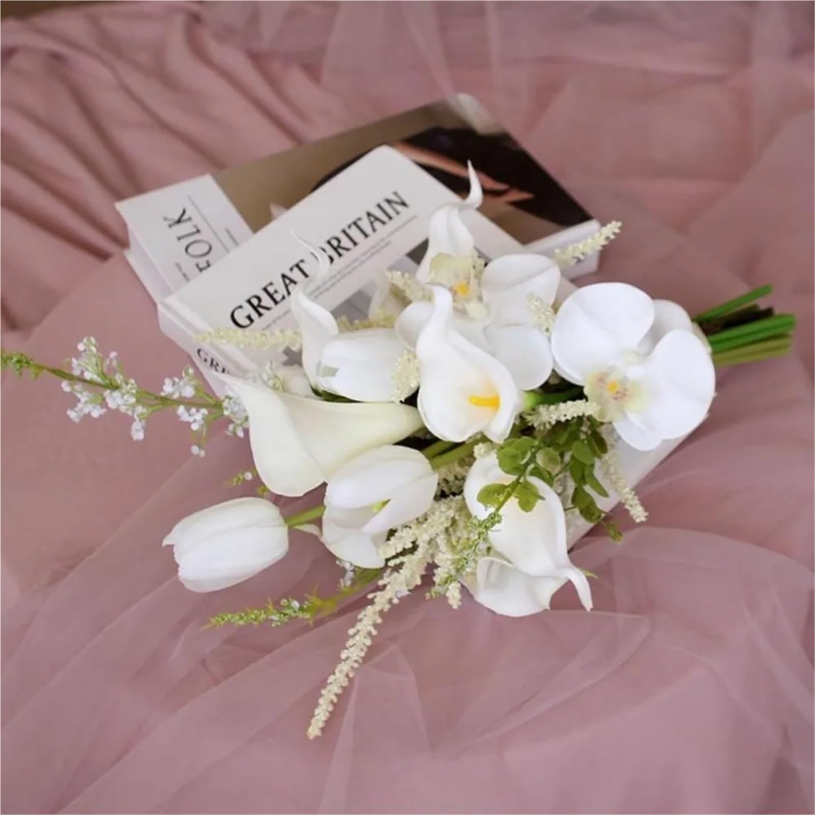Ramo de novia de lirio de cala, reutilizable, tela de satén de orquídea Phalaenopsis, flores de imitación