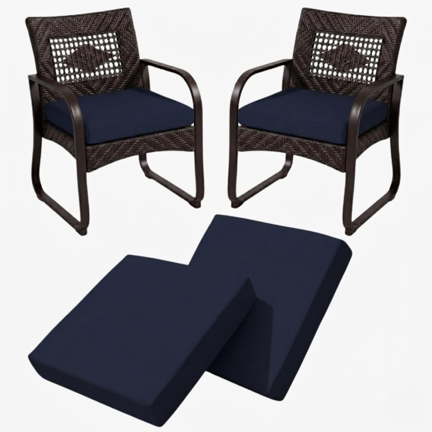 2 Pieces Waterproof Garden Chair Seat Pads Thick Rattan Outdoor Seat Cushions Removable Zipped Cover, Patio Dining Chair Pads for Indoor & Outdoor Furniture Seat Pad (Navy, 40cm x 40cm x 7cm)