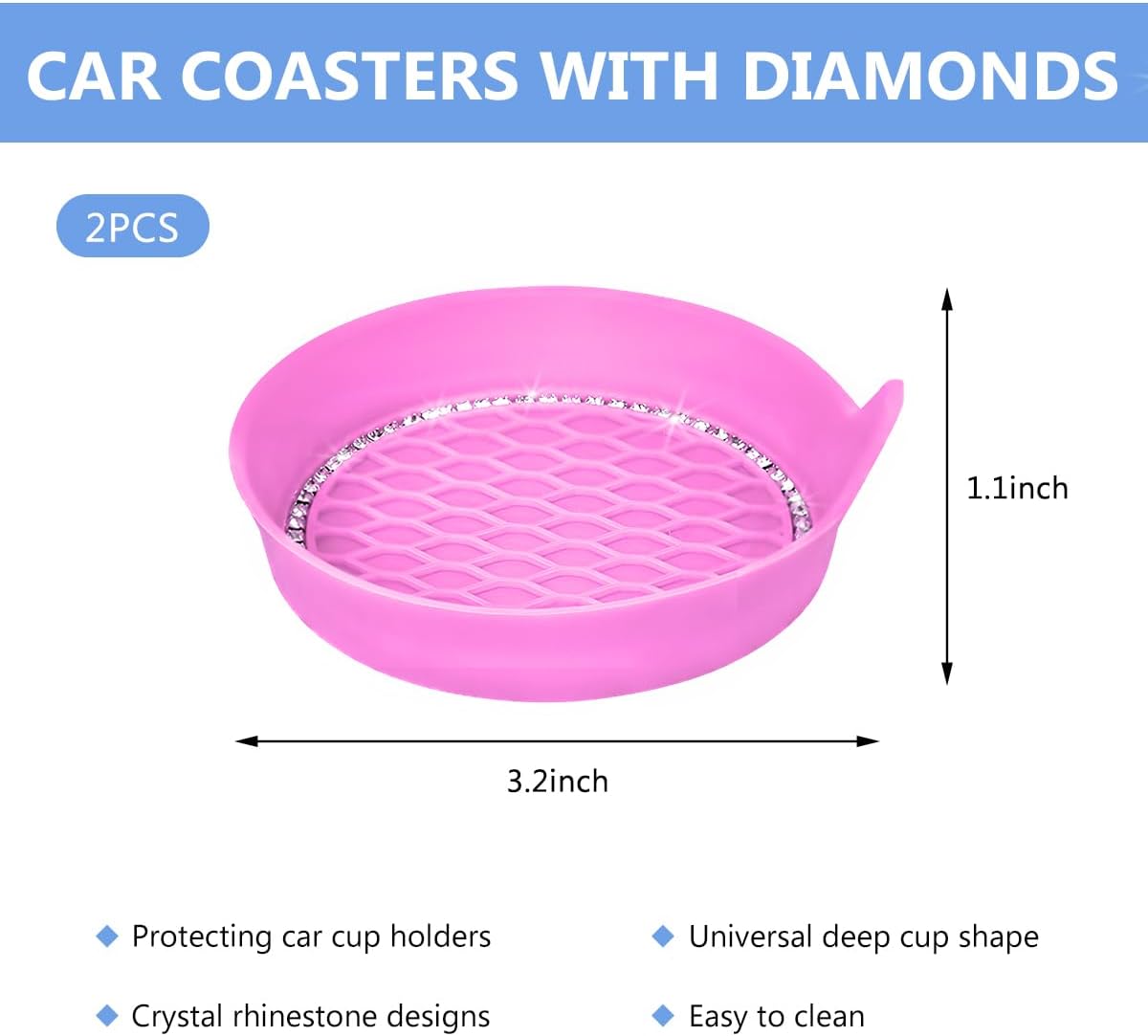 2 PCS Bling Car Cup Coaster, Crystal Rhinestone Cup Holder Insert for Car Interior Decoration, Non Slip Shockproof Silicon Sparkly Drink Met Universal for Most Vehicles (Pink)