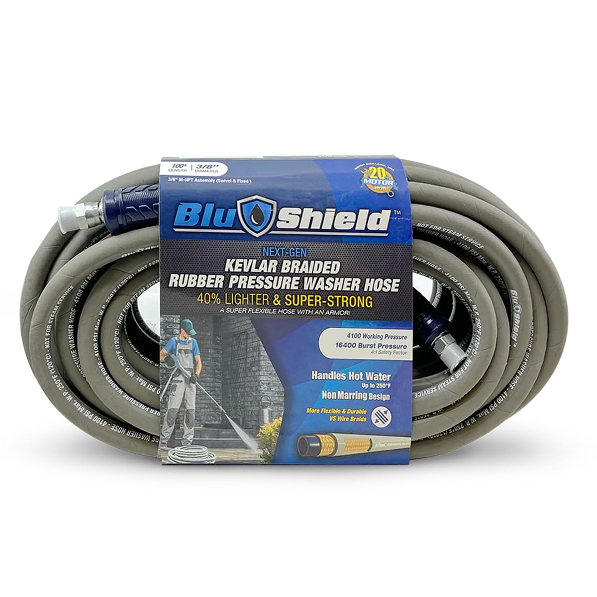 BluShield Aramid Braided Rubber Pressure Washer Hose, 4100 Psi, Handle 250°F Hot & Cold Water, Heavy Duty, 35% Lighter, Flexible (3/8" x 100' NM