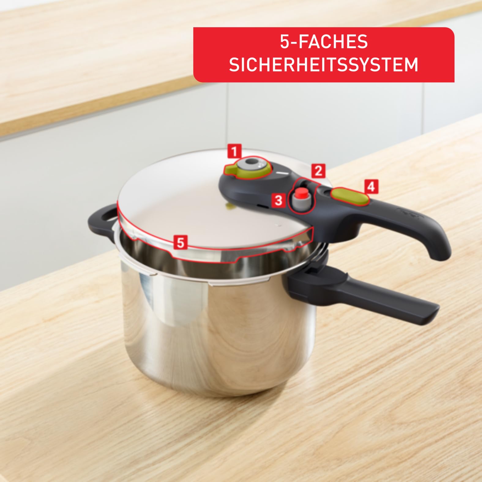 Tefal Secure 5 Neo Schnellkochtopf 6L Edelstahl, 22cm, Korbeinsatz & Dreifuß, 2 Garstufen, Secure 5 Sicherheitssystem, alle Herdarten, induktionsgeeignet, spülmaschinenfest, P2530738