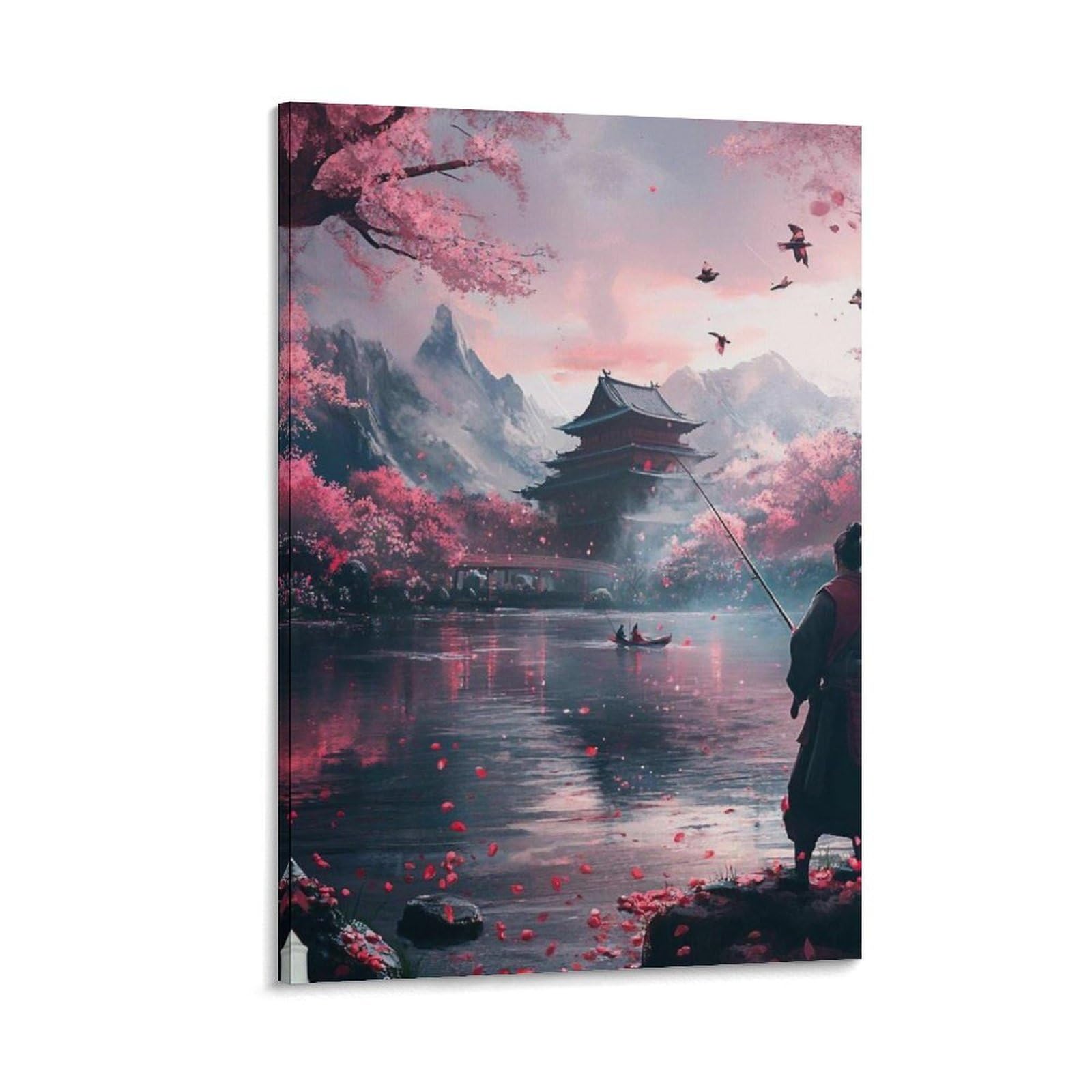 QGVBGF Japanese Cherry Blossom Poster Canvas Poster Bedroom Decor Landscape Office Room Decor Gift 16x24inch(40x60cm)