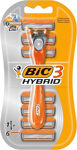 Bic 3 maquinillas de afeitar híbridas de triple hoja para hombre, paquete con 1 mango + 6 recambios, tira lubricante con 3 cuchillas y cabezal