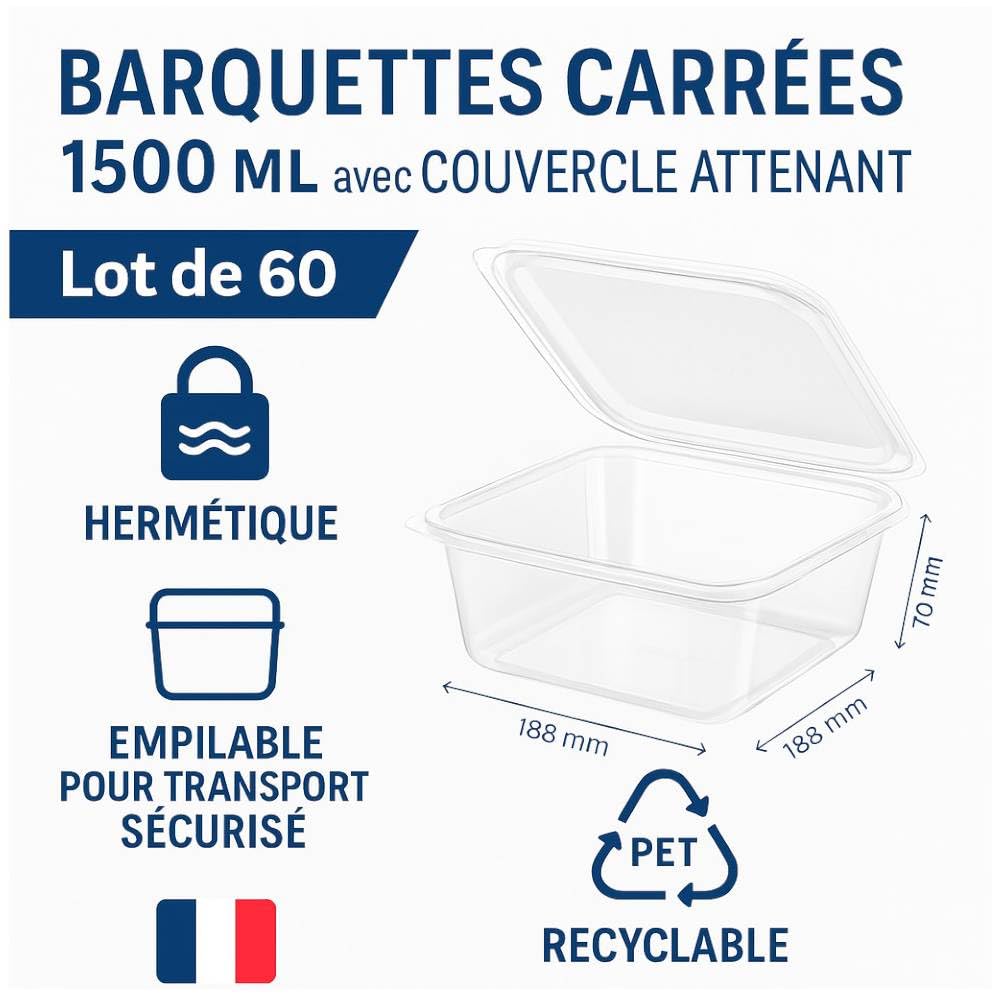 D-Work 60 Barquettes à Salade Carrées 1500 ml avec Couvercle Attenant (188x188xH.70 mm) - Empilables, Hermétiques, Recyclables