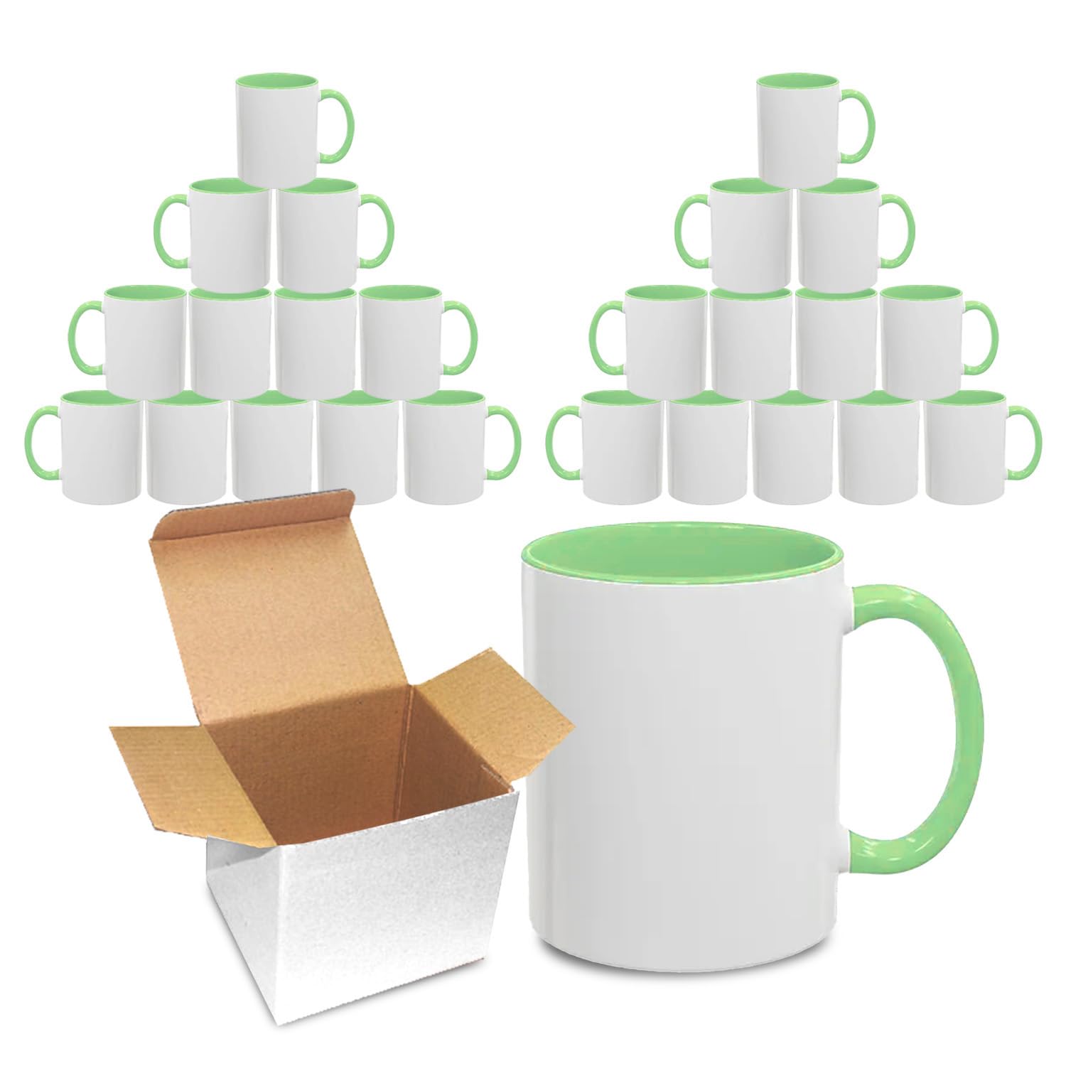 Sublimation Mugs 11oz Blank with Coloured Large Handle & Inner with Box | Durable, Ceramic Orca Finished Mugs Perfect for Custom & DIY Printing, for Loved Ones | Green Bulk Pack of 24