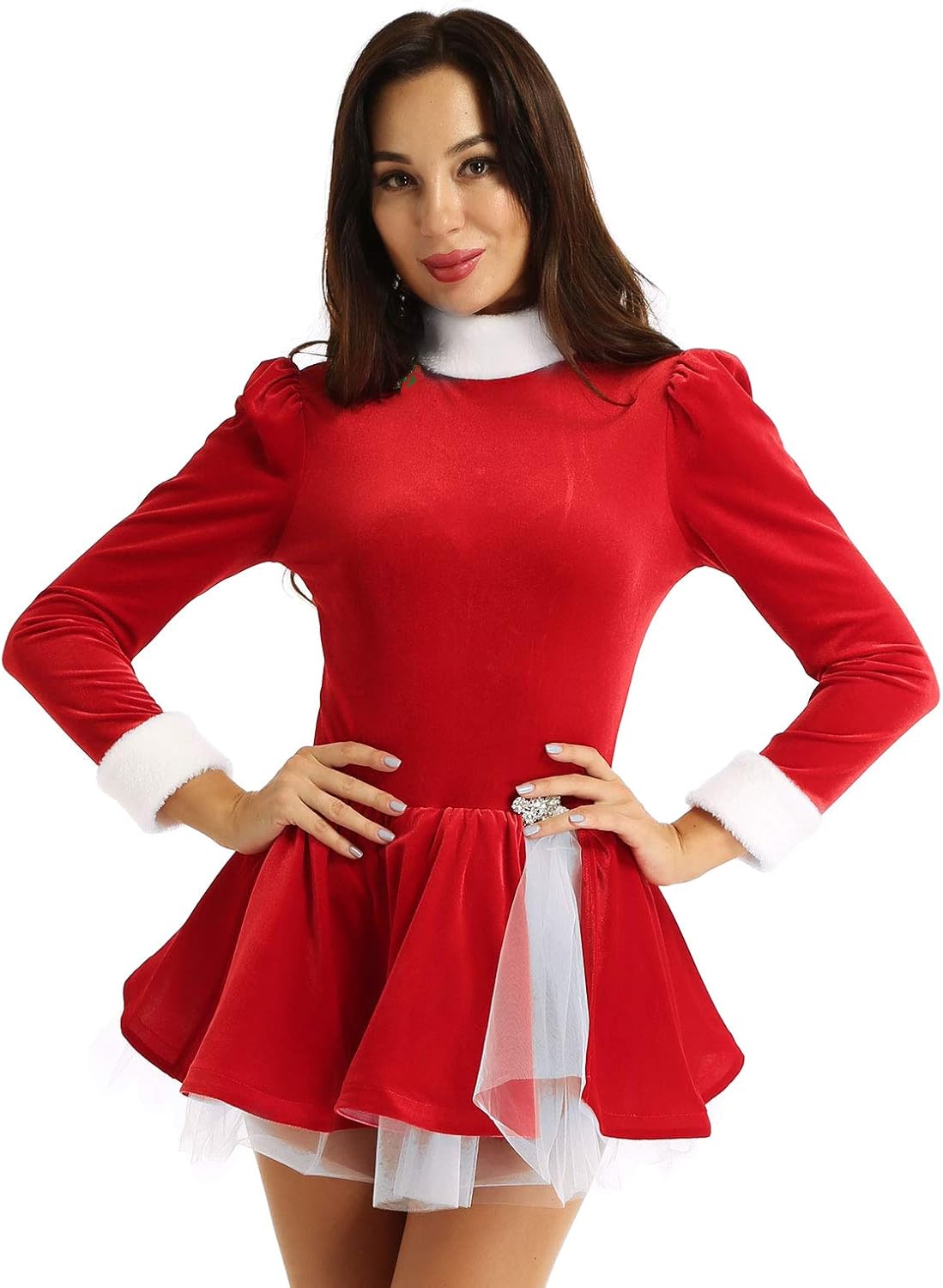 renvena Women Girls Figure Ice Skating Velvet Christmas Holiday Costume Dance Leotard Dress