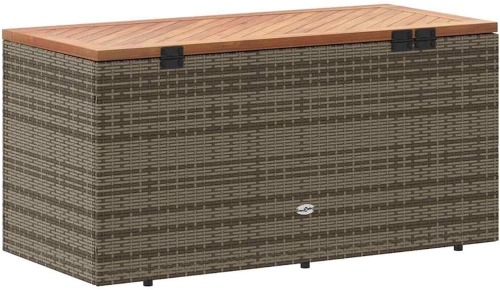 44x20x21 Grey Rattan Outdoor Storage Bench, Acacia Seat, Deck Box for Cushions/Toys, Seats 2
