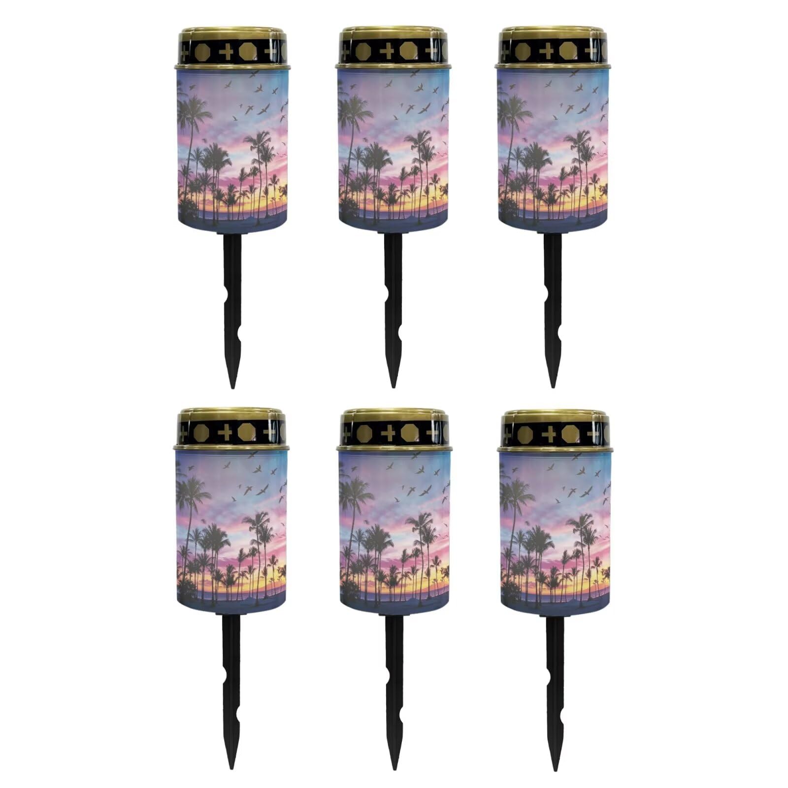 Poceacles Solar Lights Outdoor Solar Powered Outdoor Cemetery Stake Candle Grave Lamp Landscape Lighting Waterproof Grave Flameless Candle, Palm Tree Beach Sunset Pattern Violet Blue, Pack of 6