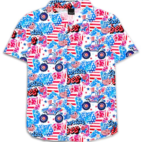 Image of Remimi Unisex Kids 4th of July Button Up Shirt Boys American Flag Print Hawaiian Beach Short Sleeve Tops 5-14 Years