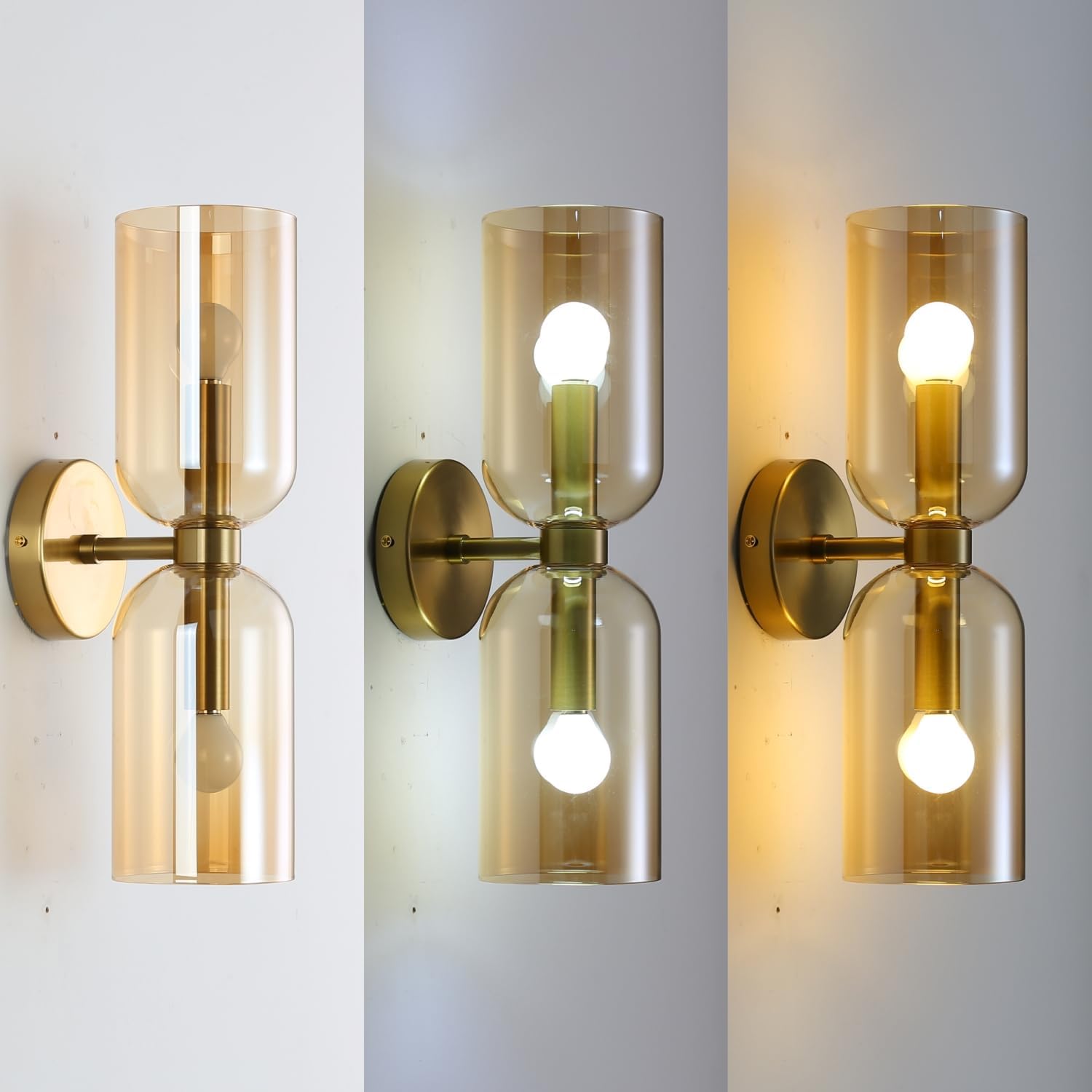 Minimalist 2-Light Gold Wall Sconces with Cylinder Glass Shades- Mid Century Vanity Wall Double Lights Hardwired- Modern Indoor Glass Wall Mounted Art Decor Lights (Amber, 1 Pack)