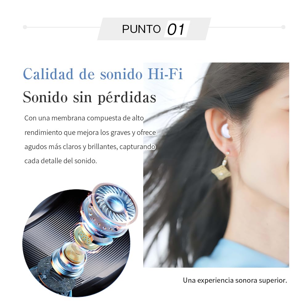Auriculares Bluetooth 5.3 para Dormir, Mini intrauditivos Independientes L/R, diseño ergonómico, cancelación Activa de Ruido, Alta fidelidad, compatibles con iOS/Android/PC.(Blanco)