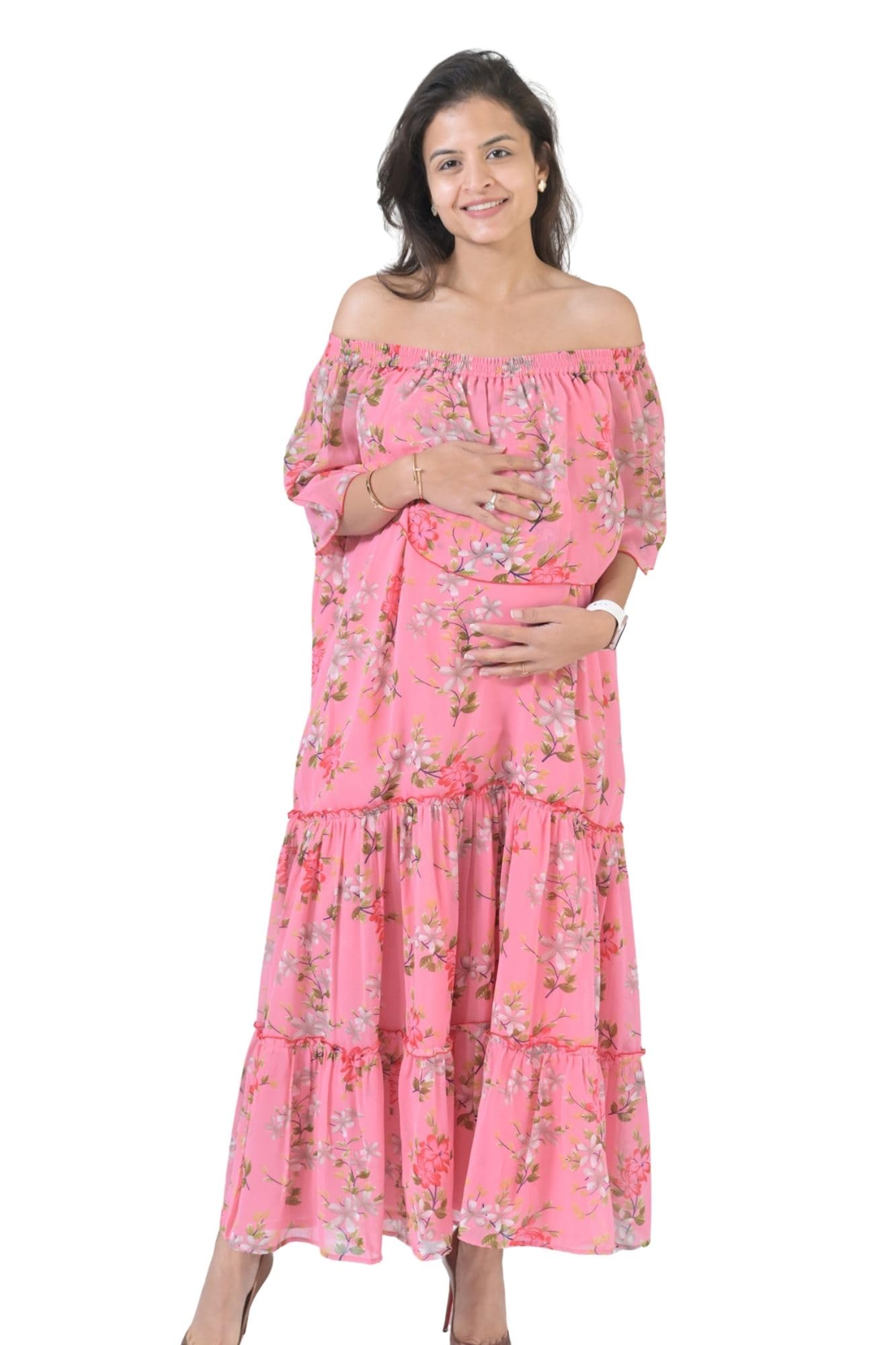 Charming Peach Blossom Off-Shoulder Maternity Dress for Women-image-38