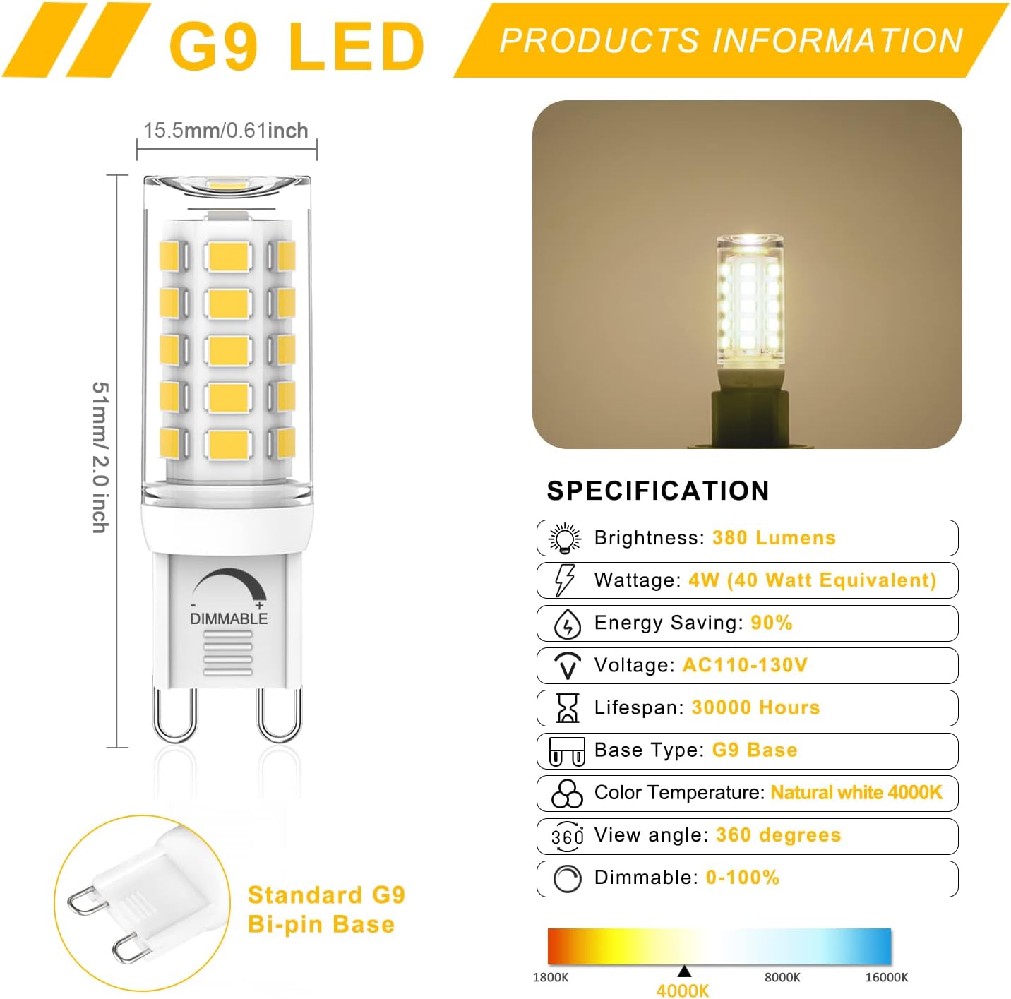 YUIIP G9 LED Bulb Dimmable 4W, 40W Halogen Equivalent, 4000K Natural White AC 120V G9 Bi Pin Base Light Bulbs, 380LM, No Flicker, 360° Beam Angle, Pack of 10
