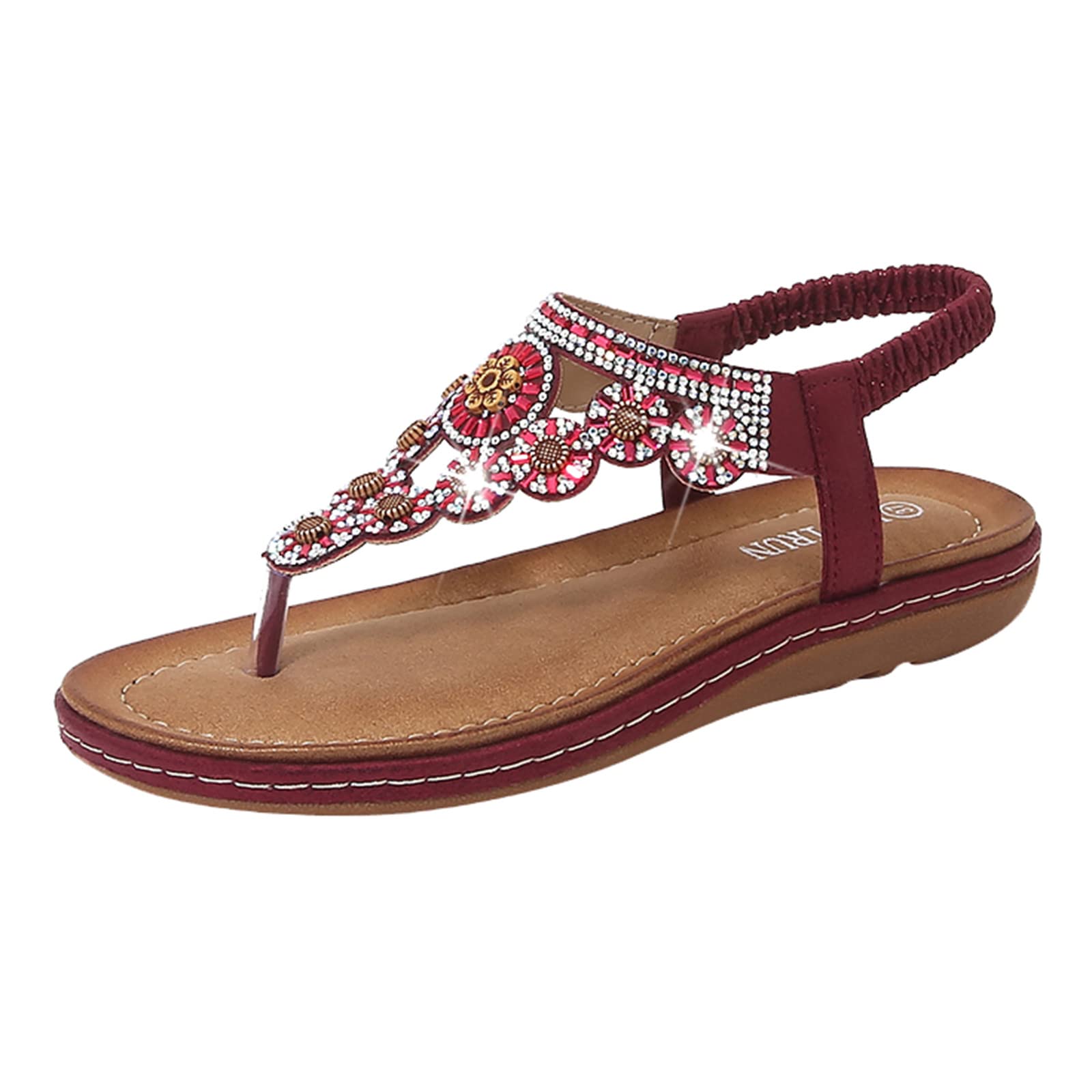 CQONEPT Womens Sandals Shoes Comfort Walking With Non Slip On Casual Summer Beach Shoes Dress Ankle Elastic Jeweled Bohemian Flats Silver Size 8 5