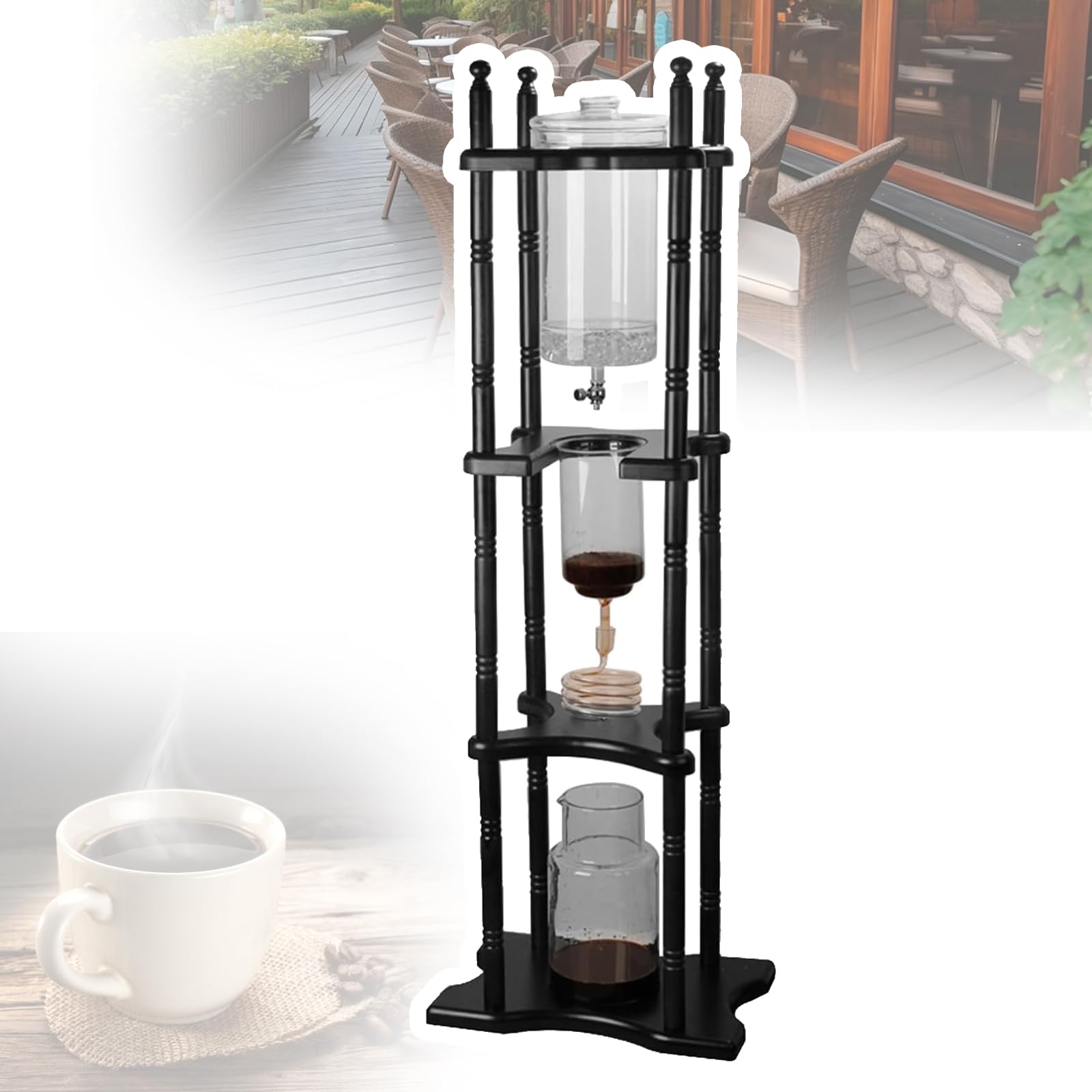 VILA SMO Cold Brew Maker Tower Iced Coffee Maker, Cold Brew Drip Coffee Maker, 25 Cups, 2500ml Vertical Japanese Style Glass Container And Wood Stand, With Slow Drip Technology, For Home Office