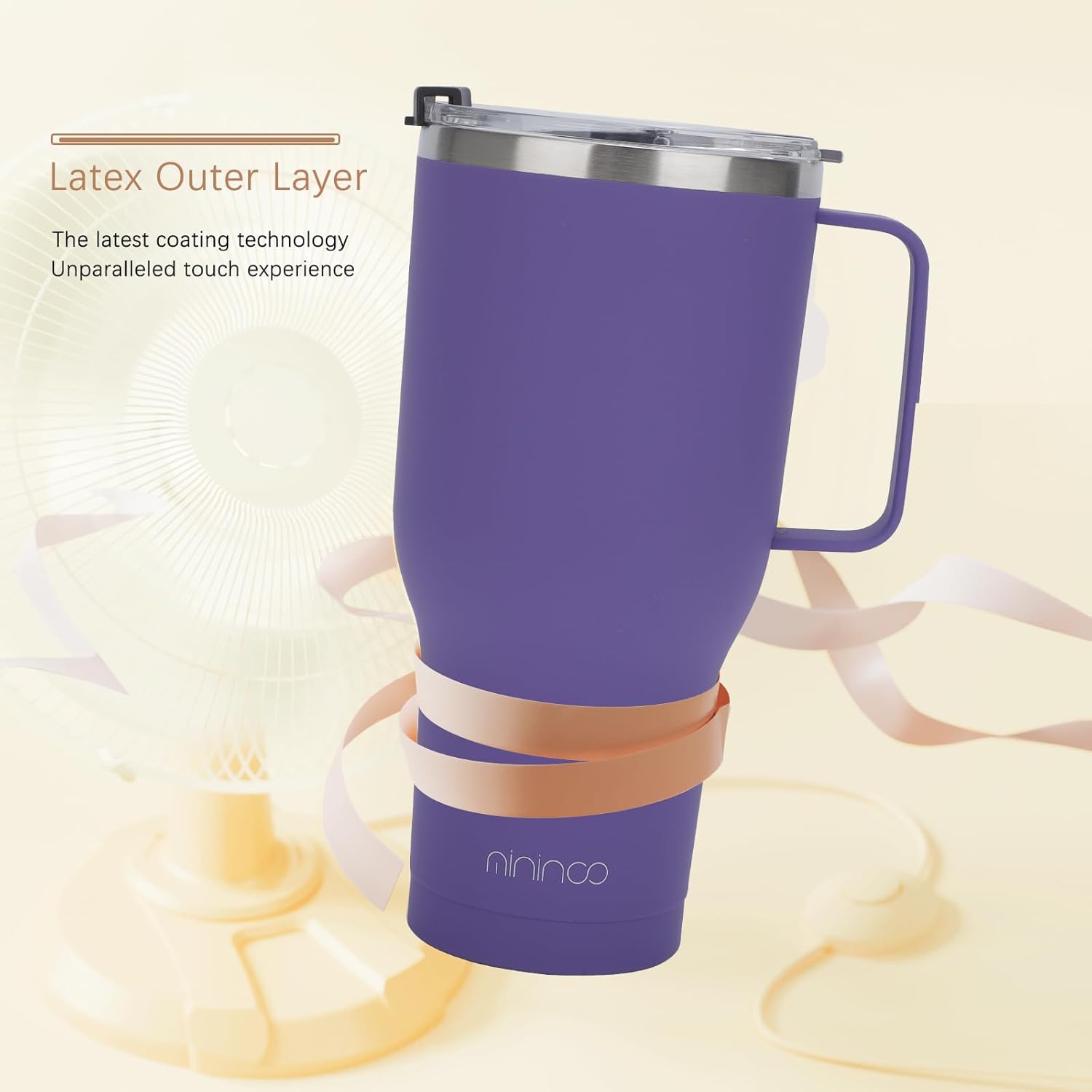 mininoo 40 oz Ceramic Lined Tumbler with Handle and Straw Lid, Stainless Steel Ceramic Travel Coffee Mug Newly Upgraded Latex Outer Layer