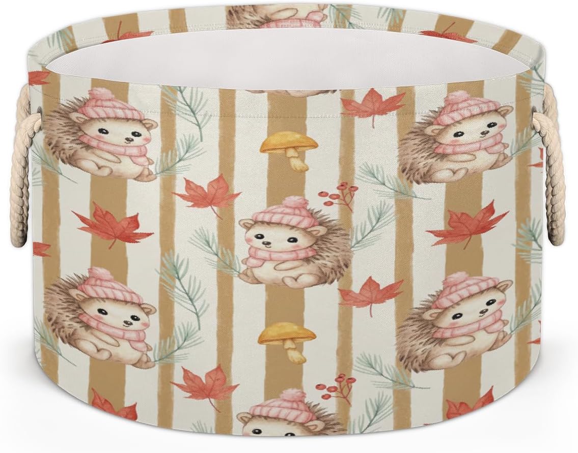 Large Storage Baskets - Winter Hedgehog Nursery Round Collapsible Organizer Bin Box, Laundry Hamper for Kids Toys, Blanket, Bedroom Living Room Home Decor, Gift Basket, 19.4"x13.3"