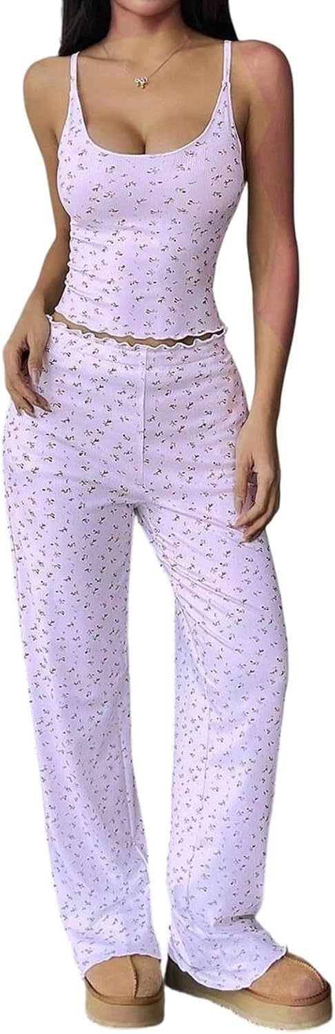 Womens Loungewear Set Crop Tank Wide Leg Floral | Womens Loungewear Set 2 Piece Pajama Sets Summer Sleeveless Crop Tank Tops Wide Leg Pants Floral Print Lounge Outfits