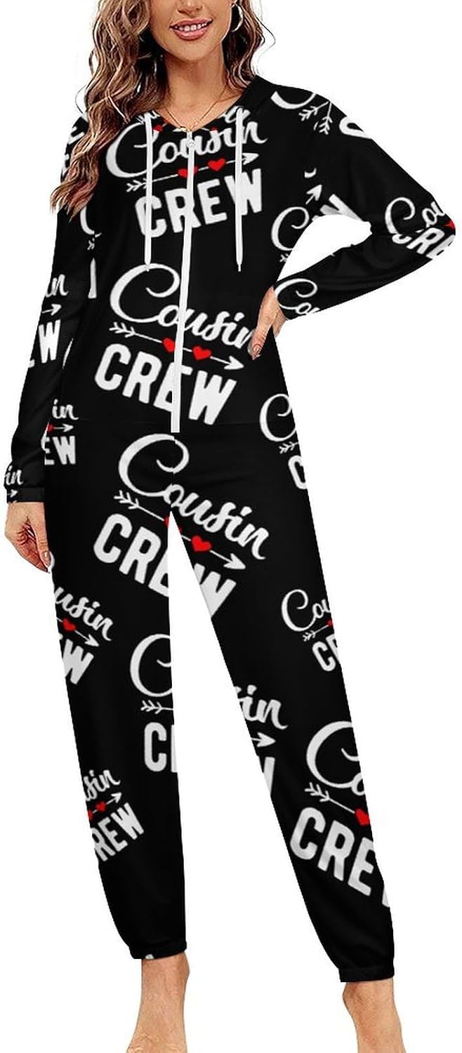 Cousin Crew Fall In Love Adult Pajamas Onesie with Hood Pocket Jumpsuits One Piece Sleepwear