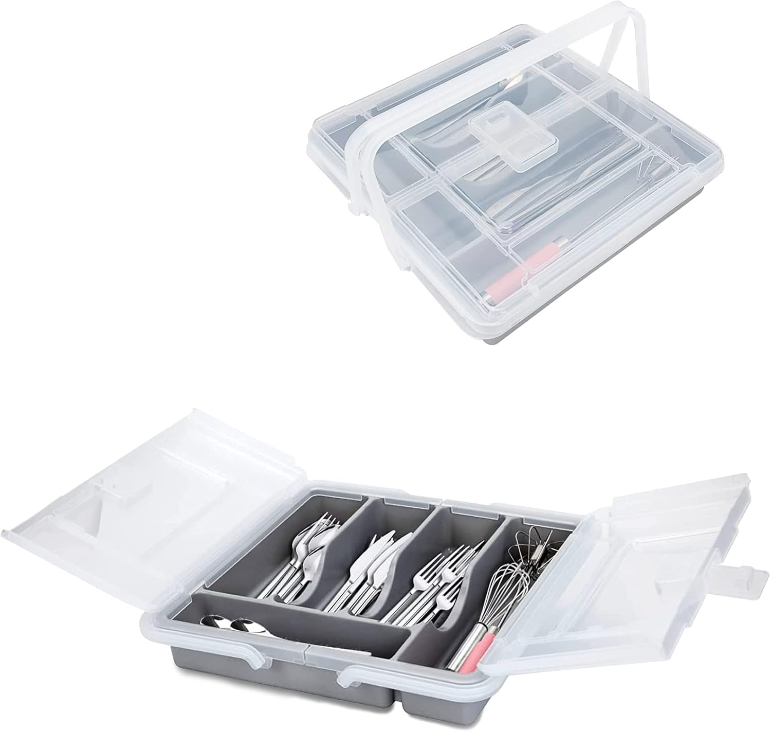 HIMAugbo Organizador de cubiertos para camping con tapa, ahorro de espacio, con asa y 5 compartimentos, caja cerrada, 30 x 30 x 7 cm, color gris