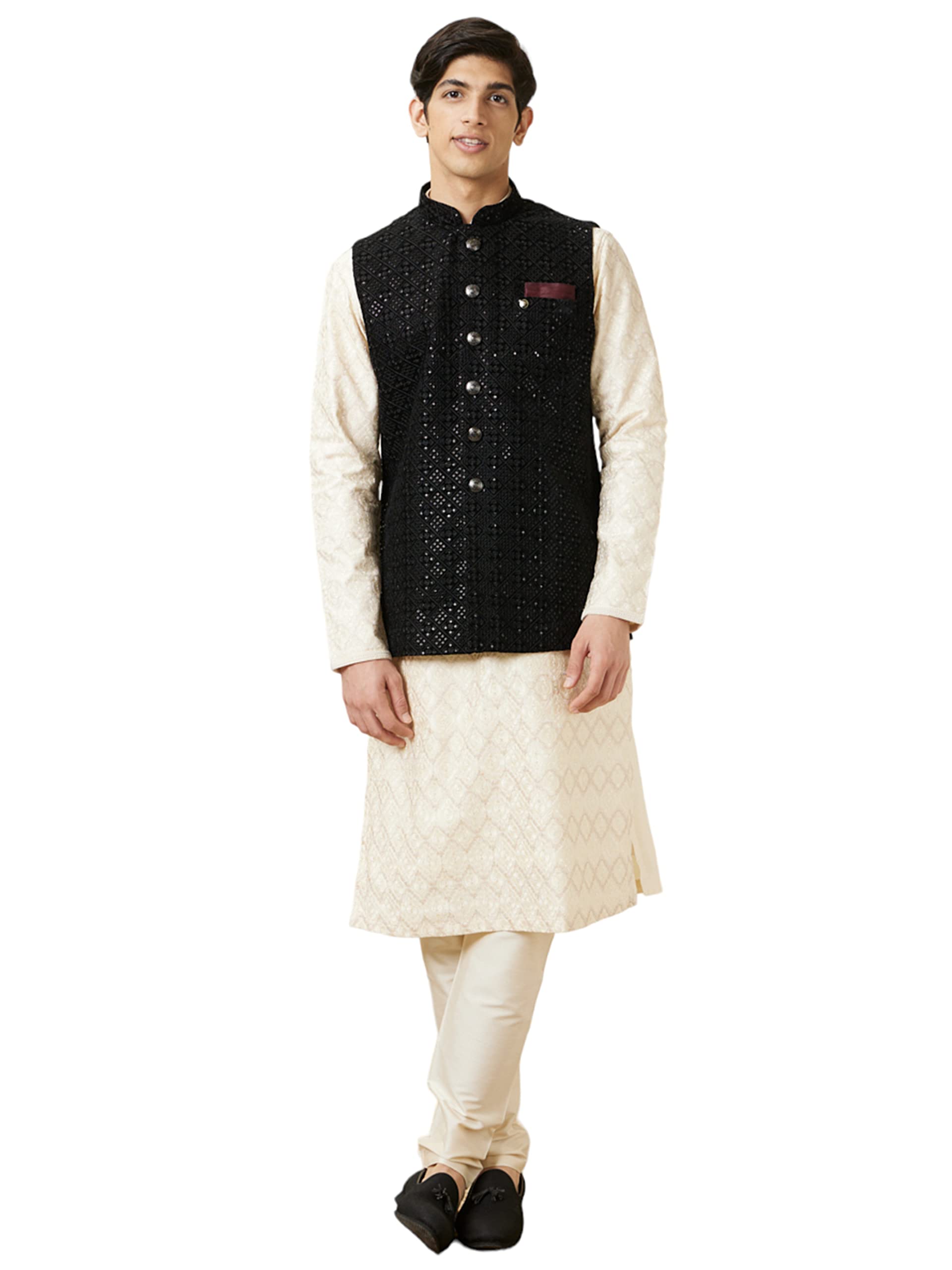 manyavar Men's Sequinned Diamond Patterned Embroidered Nehru Jacket (1pc)-picture-29