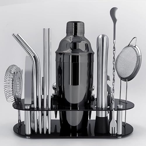 Miniatura 2 de Juego de coctelera con soporte, juego de herramientas de barra de 16 piezas, juego de mezclador de bebidas, incluye coctelera, jigger, colador,
