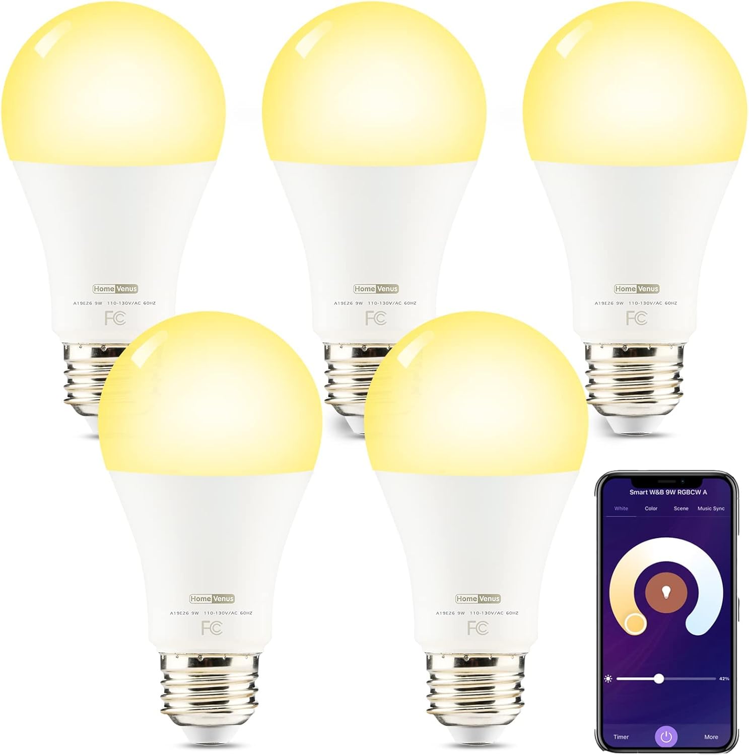 HVS Smart Light Bulbs, 5 Packs 9W A19 E26 Dimmable Tunable Cool Warm White LED Light Bulb 2500k-6500k, APP Control 2.4GHz WiFi(Only) Bluetooth Assist Connection, Work with Alexa/Google Assistant