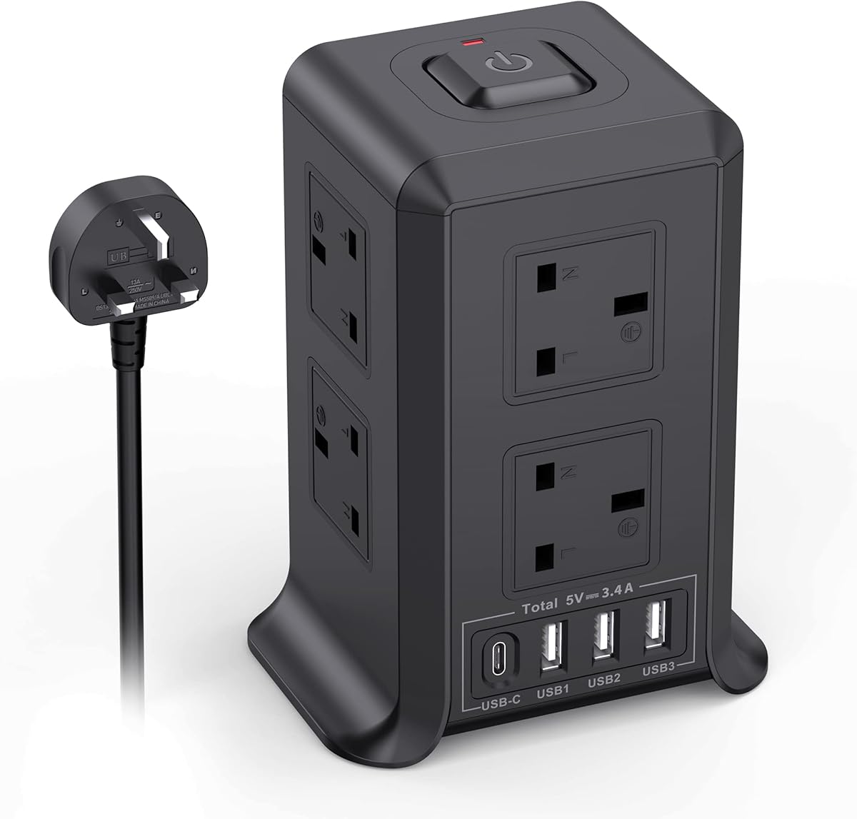 Tower Extension Lead with USB Slots, 3 USB-A(5V/2.4A) & 1 Type-C Port(5V/3A) and 8 Outlets Surge Protector Extension Lead with Switches, 2M Extension Cord