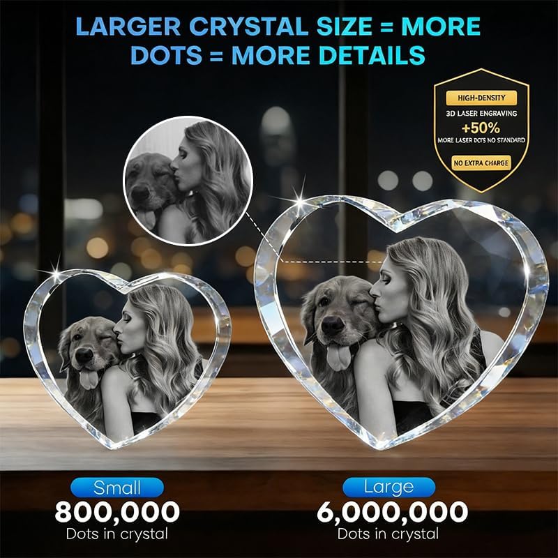 3D Photo Crystal, Personalized 3D Picture in Crystal, Customized Photo Gift & Personalized Photo Gifts for birthdays, Christmas Day, Valentine's Day, Mother's Day, Father's Day, and some special moments, Laser Engraving 3D Pictures and Customized Text(Heart, S M L XXL)