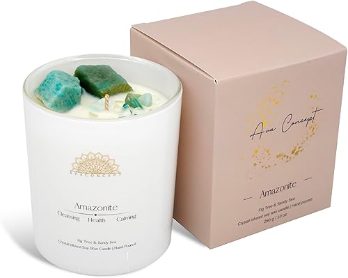 ava concept - Velas de cristal perfumadas - Vela de aromaterapia de higuera y mar arenoso con amazonita para mujer - Velas de soja para meditación