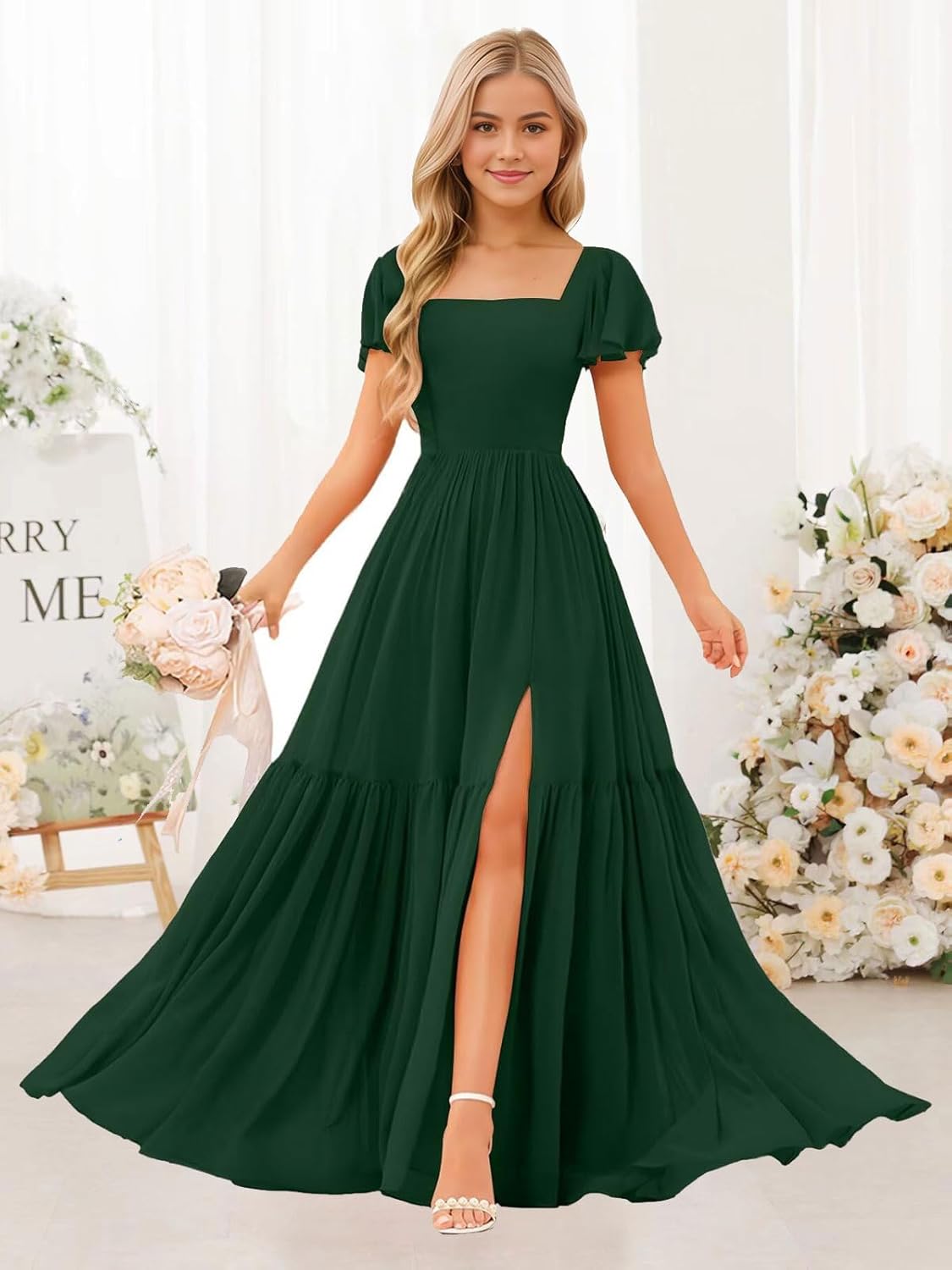 Chiffon Junior Bridesmaid Dresses Long A Line Formal Flower Girl Dress with Slit Short Sleeve Wedding Party Gown - Image 9