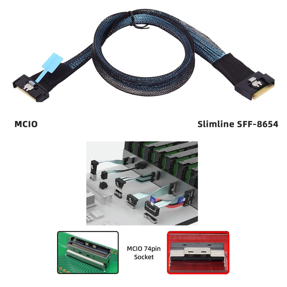 xiwai MCIO SFF-8654 SAS 4.0 74Pin Male to PCI-E Slimline 8i 74Pin Male PCI-E 5.0 Mini Cool Edge IO Extender Cable 1.15ft