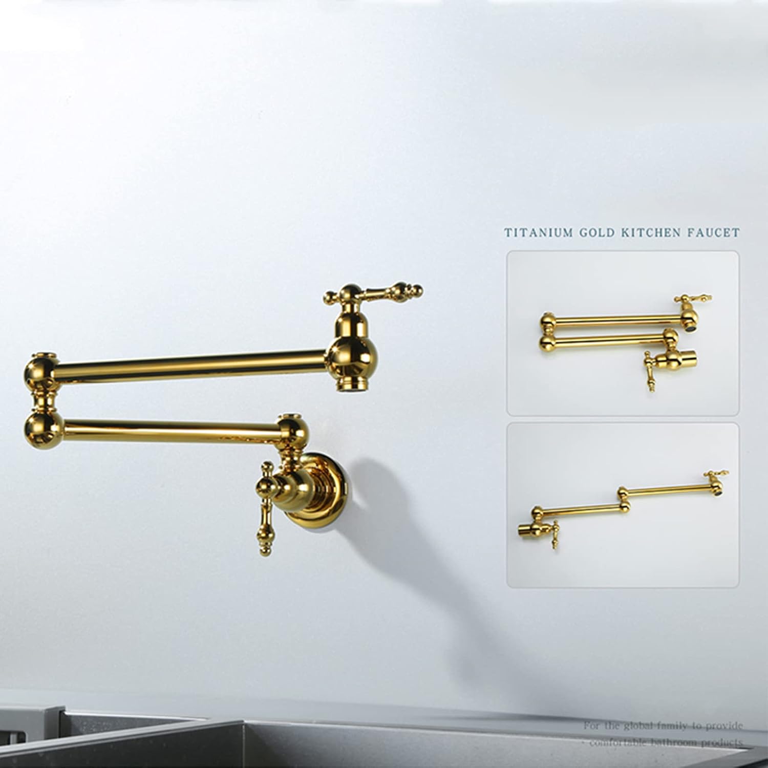 Wall Mounted Pot Filler Faucet Single Cold Foldable Kitchen Brass Swivel Stretchable Sink Hole Dual Switch Double Joint Swing Arm,Gold(Gold)