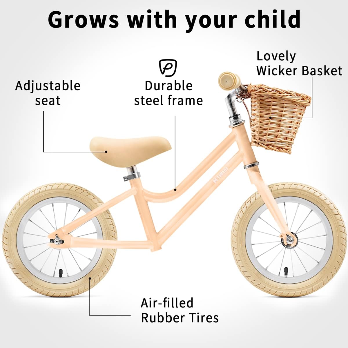 Petimini Toddler Kids Balance Bike Vintage 12 inch for 2 3 4 5 Years Old Little Girls with Wicker Basket, No Pedal Baby Retro Training Bicycle, Pink Orange : Toys & Games