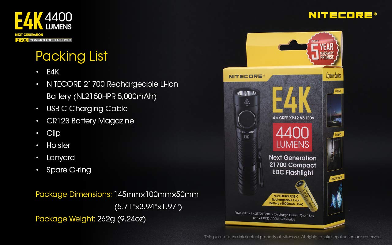 Nitecore E4K Lampe Torche - LED Ultra Puissante 4400 Lumens - Lumière Blanche - Lampe De Poche Étanche IP68 ([ Batterie Li-Ion 21700 USB C Rechargeable Inclus ])