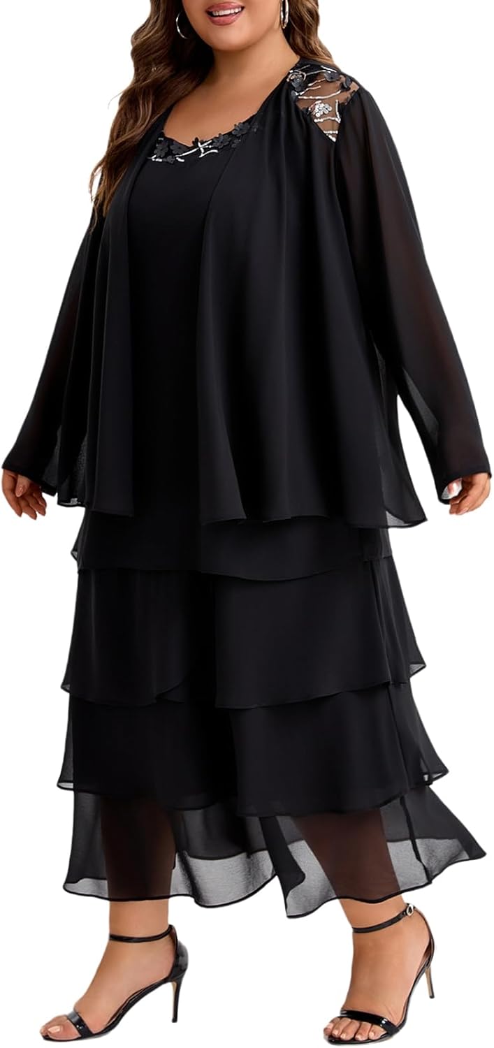 Plus Size Chiffon Mother of The Bride Layered Dress with Jacket 2 Piece Set Decal Designs Formal Wedding Guest Attire - Image 4