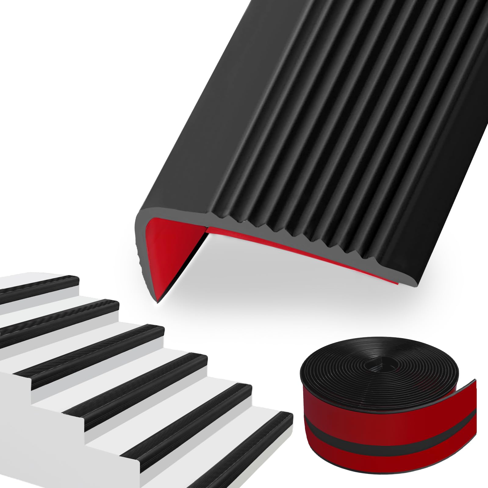 SDLDEER 6 Meters Stair Nosing Edge Trim, 50 x 25 MM L-Shape Peel and Stick Stair Treads Self-adhesive Staircase Step Edge Protector Flexible Rubber Edging Strip for Outdoor Indoor Floors, Black