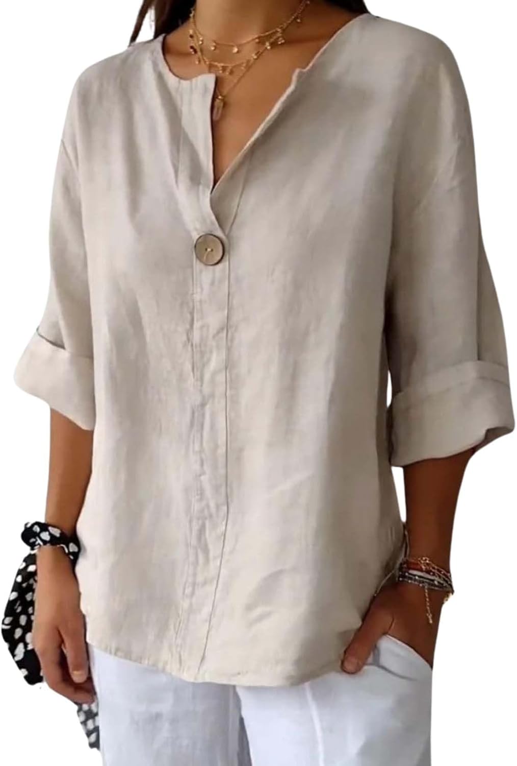 Womens Cotton Linen Shirts Summer Fashion Comfy V Neck 3/4 Sleeves Classic Casual Solid Color Loose Fit Button Down Top