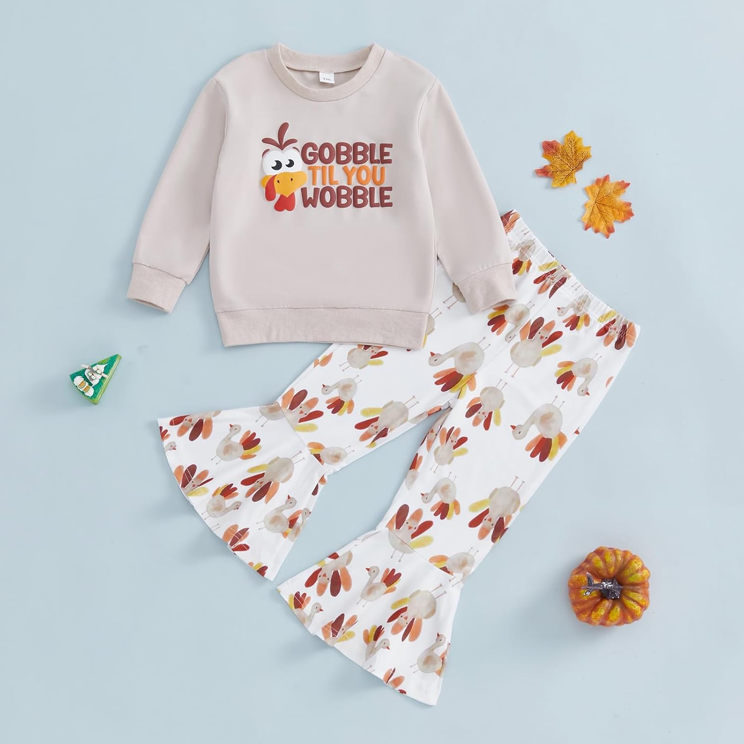 Eadrioss Thanksgiving Baby Girl Outfit- Turkey Print Sweatshirt Bell Bottom Pant Set for Toddler Girl Thanksgiving Clothes