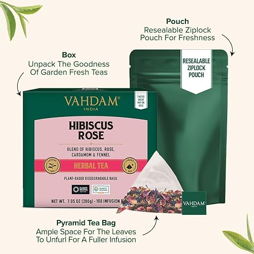 Miniatura 4 de VAHDAM - Té de hierbas con flores de hibisco (100 bolsitas), sin cafeína, sin OMG, sin gluten. Infusión con sabor floral. Pétalos de rosa de hibisco