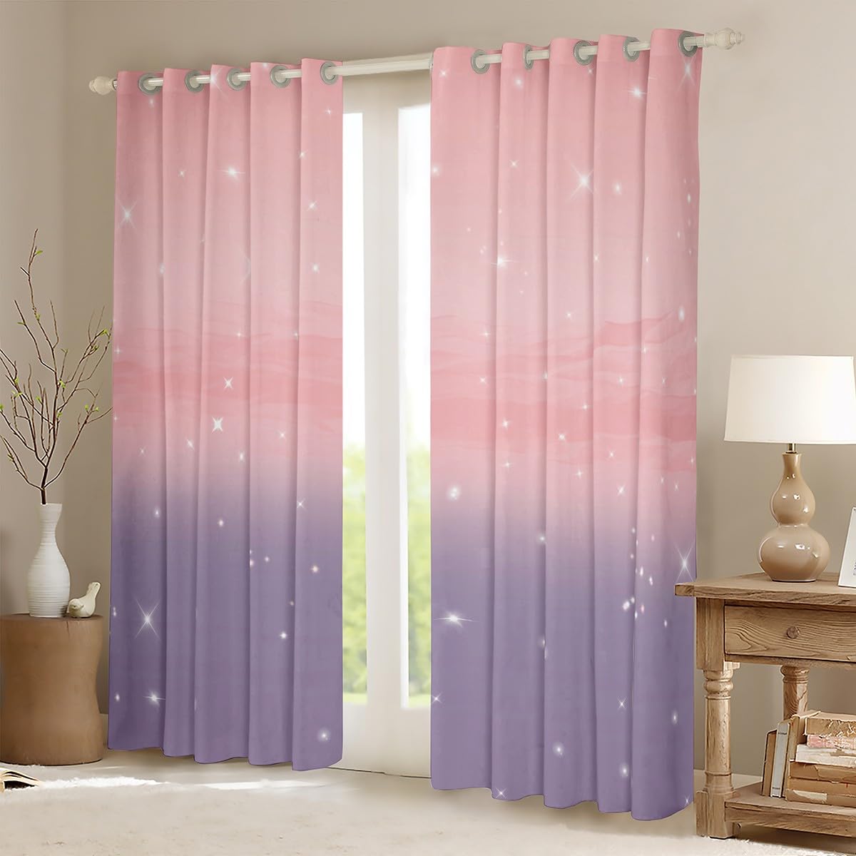 Homemissing Pink and Purple Ombre Curtains for Bedroom Living Room Rainbow Girls 30%-50% Blackout Curtains for Kids Colorful Window Drapes Glitter Window Treatments W66*L90 - Image 2