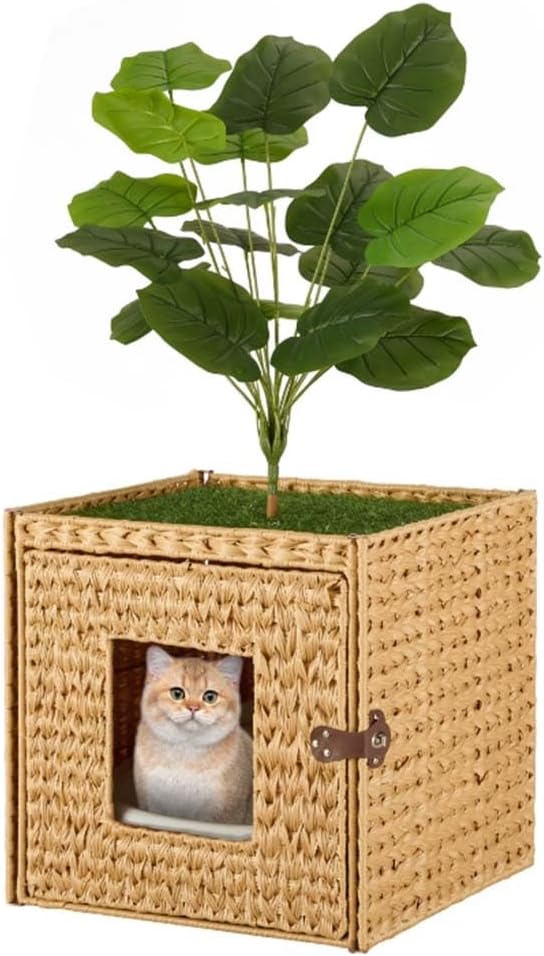 unipaws Cat Litter Box Enclosure with Faux Plant and Litter Mat, Hidden Handwoven Rattan Planter Cat House Furniture, DIY Decoration on Square Top By Yourself, for Living Room, Bedroom, Corner
