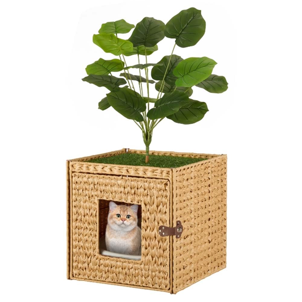unipaws Cat Litter Box Enclosure with Faux Plant and Litter Mat, Hidden Handwoven Rattan Planter Cat House Furniture, DIY Decoration on Square Top By Yourself, For Living Room, Bedroom, Corner