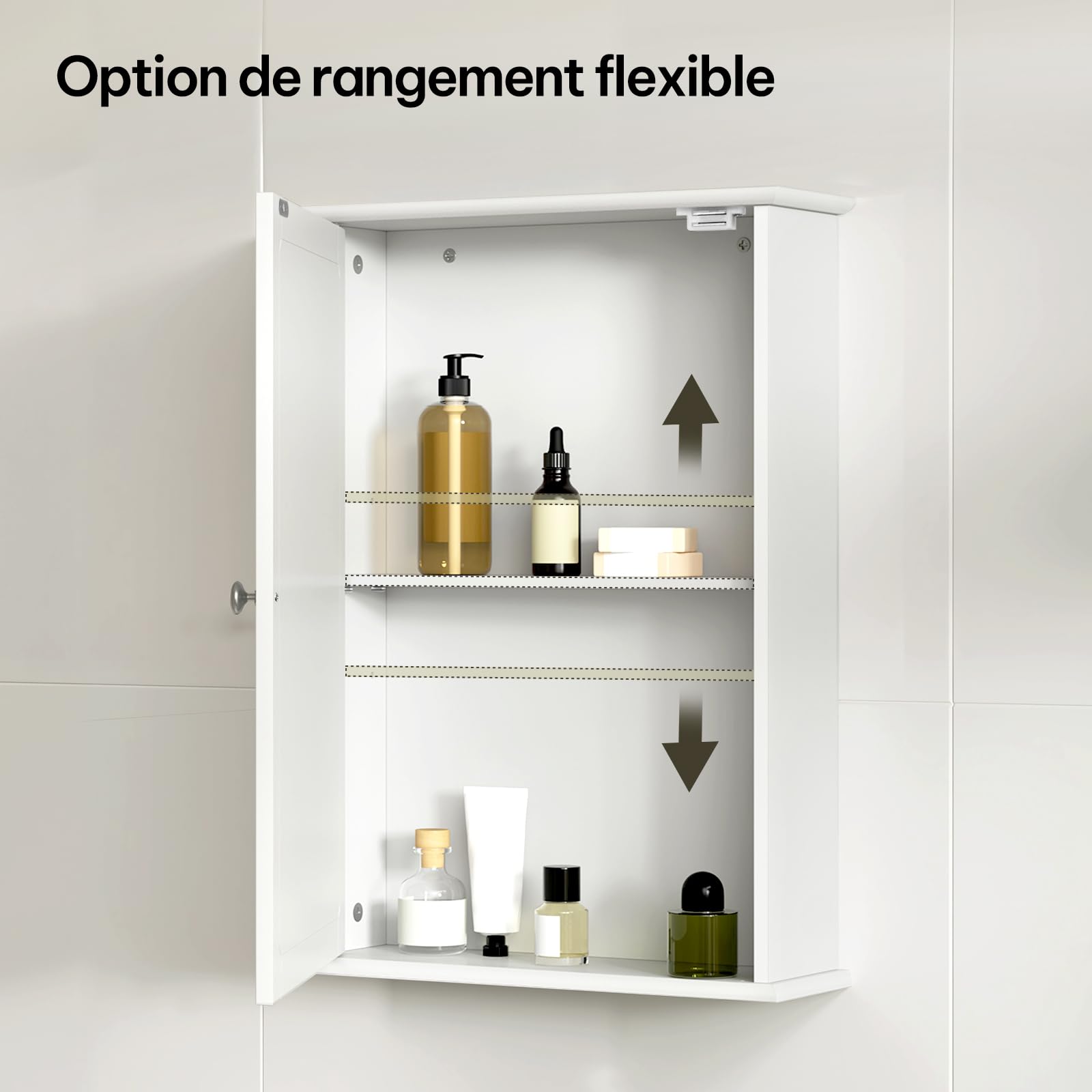eSituro Armoire de Toilette, avec Porte Miroir, Étagère Réglable, Blanc, L x H x P 42 x 58,5 x 12 cm