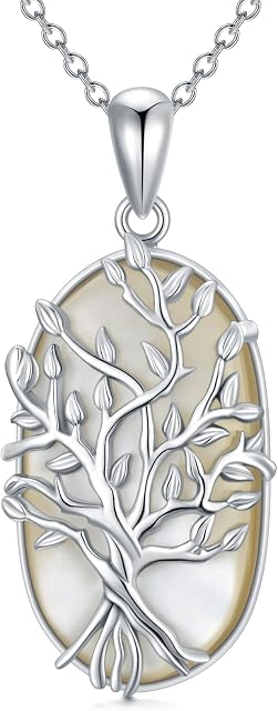 OCJ Tree of Life Necklace 925 Sterling Silver Turquoise/Moonstone/Rose Quartz/Mother of Pearl/Abalone Shell Pendant Jewellery Christmas Birthday Gifts for Women Girls Her