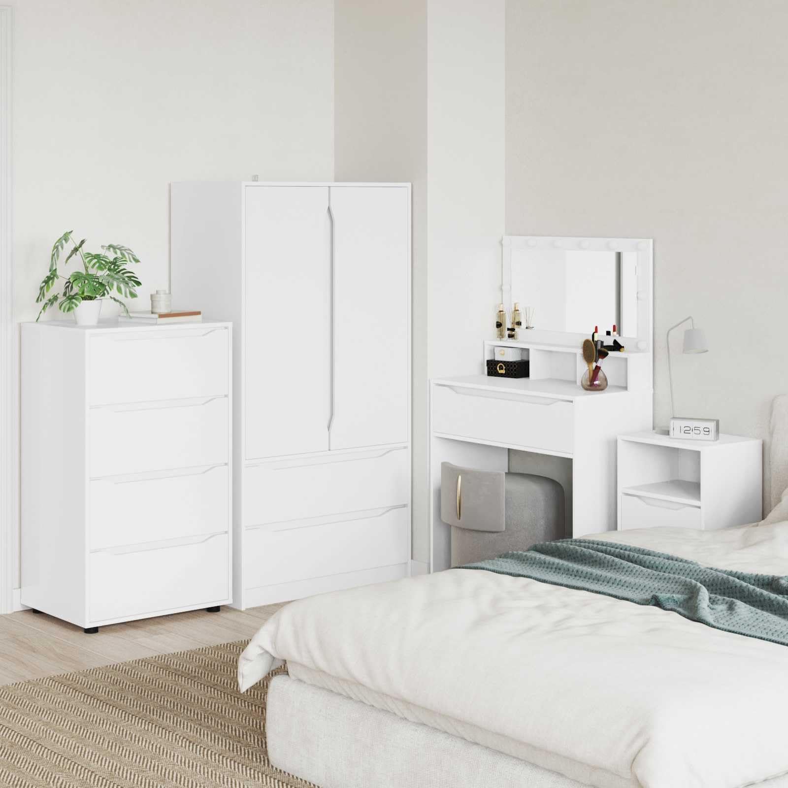 Armadio portaoggetti da 60 x 48 x 105 cm, in legno bianco, con 4 cassetti, regolabile in altezza, design stabile, ideale per camera da letto, soggiorno, ufficio, cantina, garage, cucina e