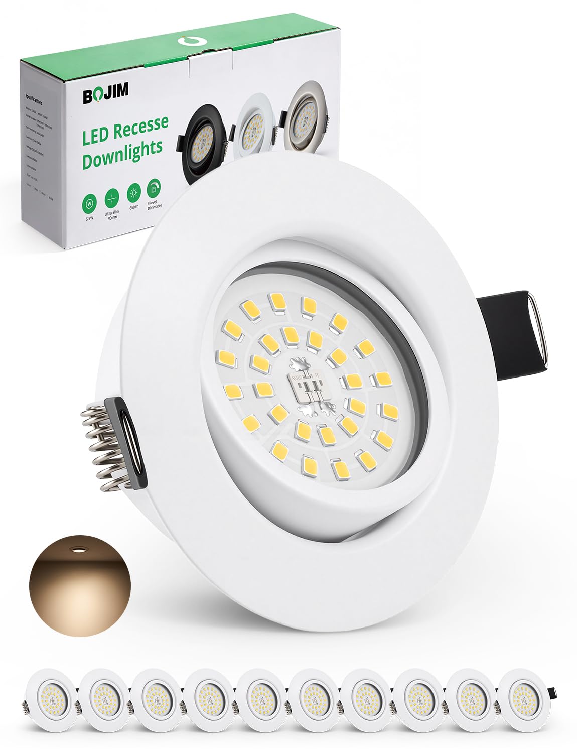 Bojim Reflektor LED wpuszczany z możliwością ściemniania, 10 x 5,5 W ekstra płaski reflektor wpuszczany 30 mm, neutralna biel 600 lm, oświetlenie wpuszczane 68 mm, reflektor sufitowy 220 V do kuchni,