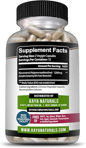 Miniatura 3 de Kaya Naturals - Cápsulas de resveratrol - Suplemento antienvejecimiento - Antioxidantes con apoyo cerebral - Beneficios máximos - 30 cápsulas